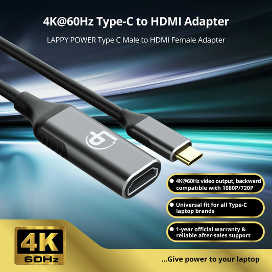 LappyPower USB-C Male to HDMI Female 4K @ 60Hz Adapter Cable (0.2m)