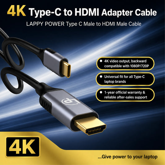 LappyPower Premium Type-C to HDMI 4K 1.8M Adapter Cable (Male to Male)