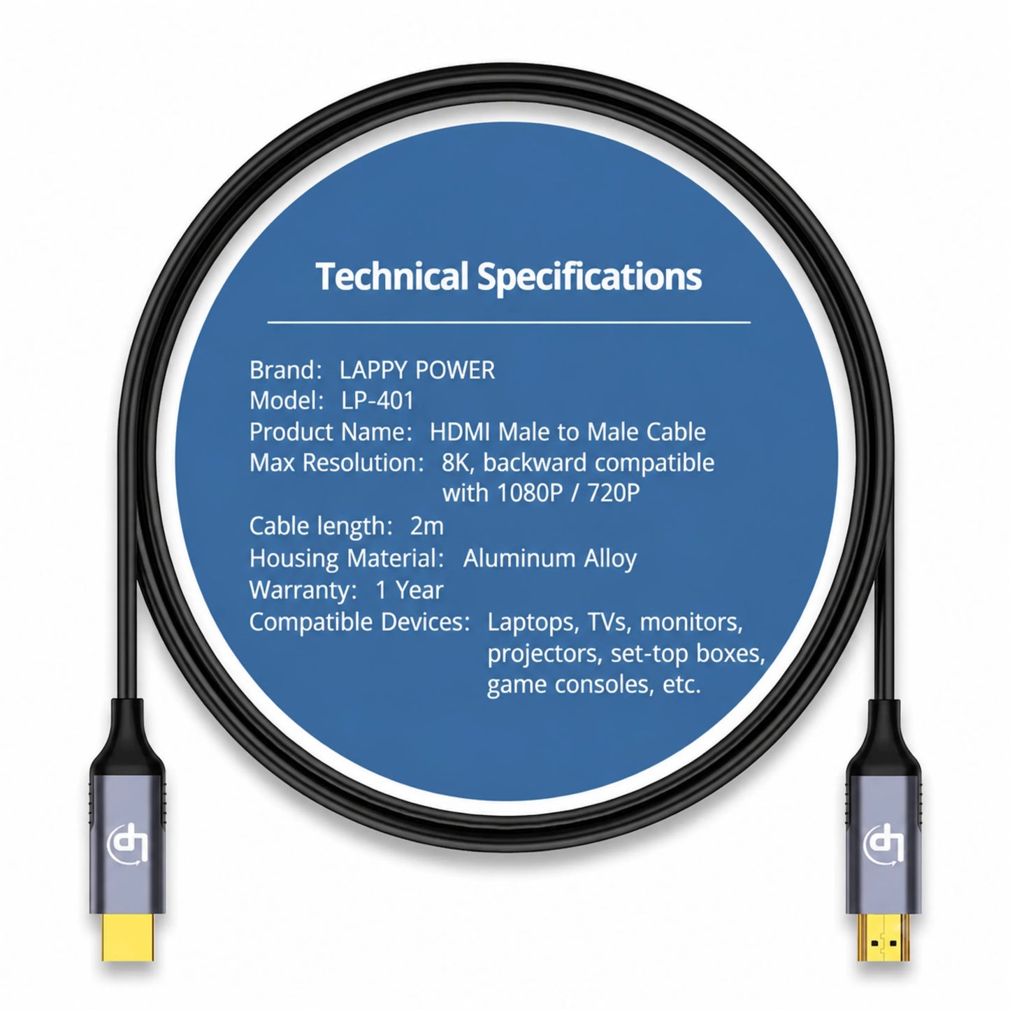 LappyPower Premium 8K HDMI Male to Male Cable (2m, TPU Cover & Aluminum Shell)