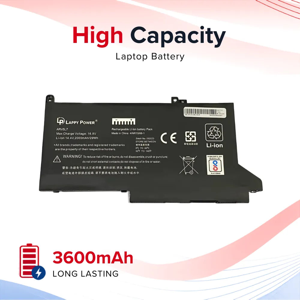LappyPower Compatible Battery for DELL DJ1J0 - Dell Latitude E7280, E7380, E7480 Laptops (3600mAh, 3-Cell)