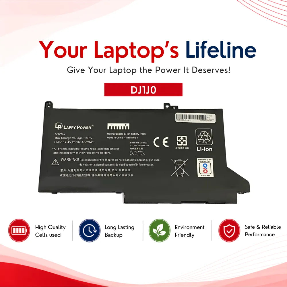LappyPower Compatible Battery for DELL DJ1J0 - Dell Latitude E7280, E7380, E7480 Laptops (3600mAh, 3-Cell)