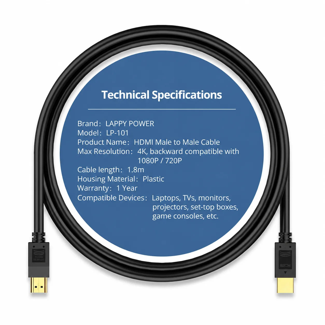 LappyPower Premium 4K Male HDMI to HDMI Cable (1.8m)
