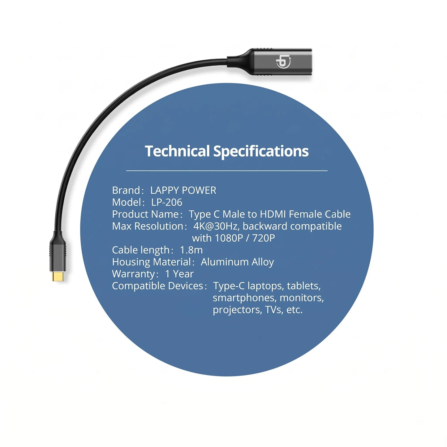 LappyPower USB-C Male to HDMI Female 4K @ 60Hz Adapter Cable (0.2m)