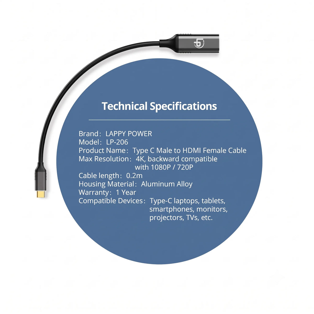 LappyPower Premium 4K USB-C Male to HDMI Female Adapter Cable (0.2m)