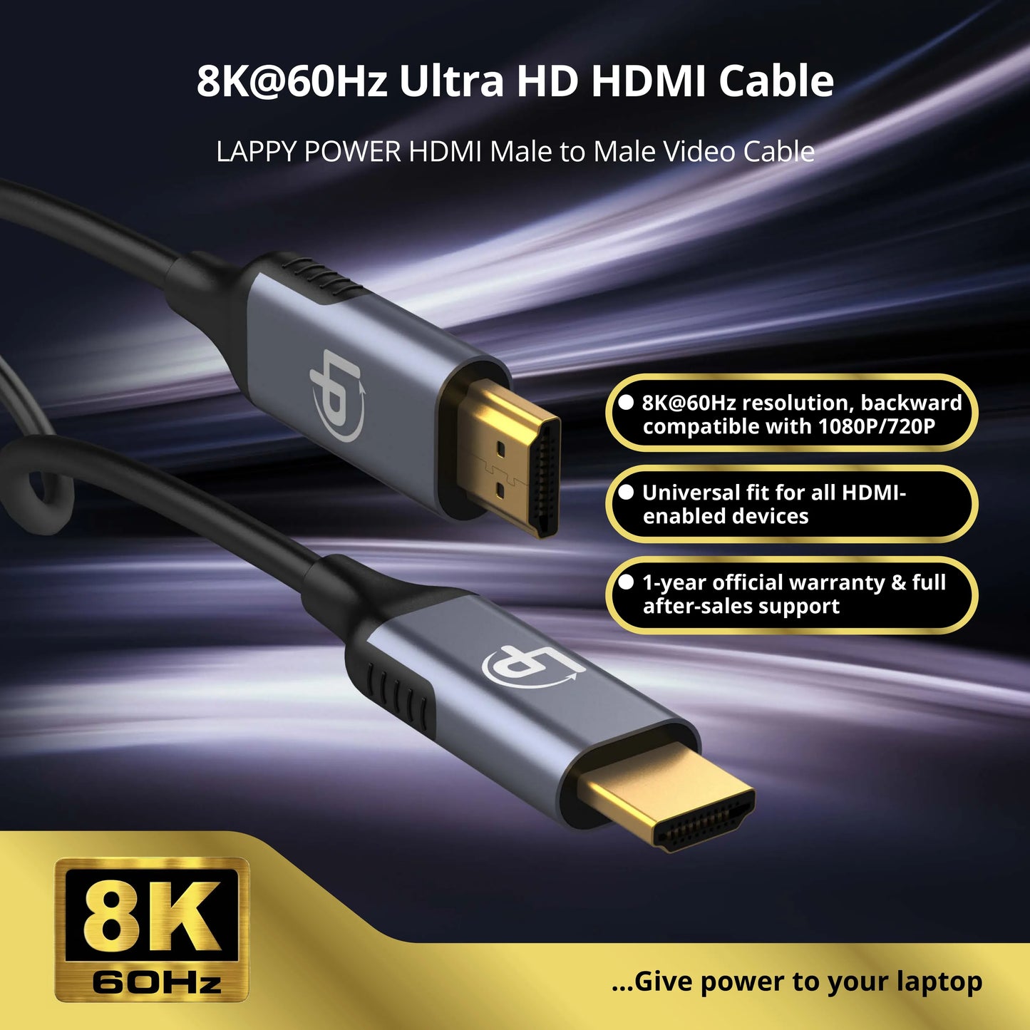 LappyPower 8K HDMI Male to Male Cable (2m, TPU Cover & Aluminum Shell)