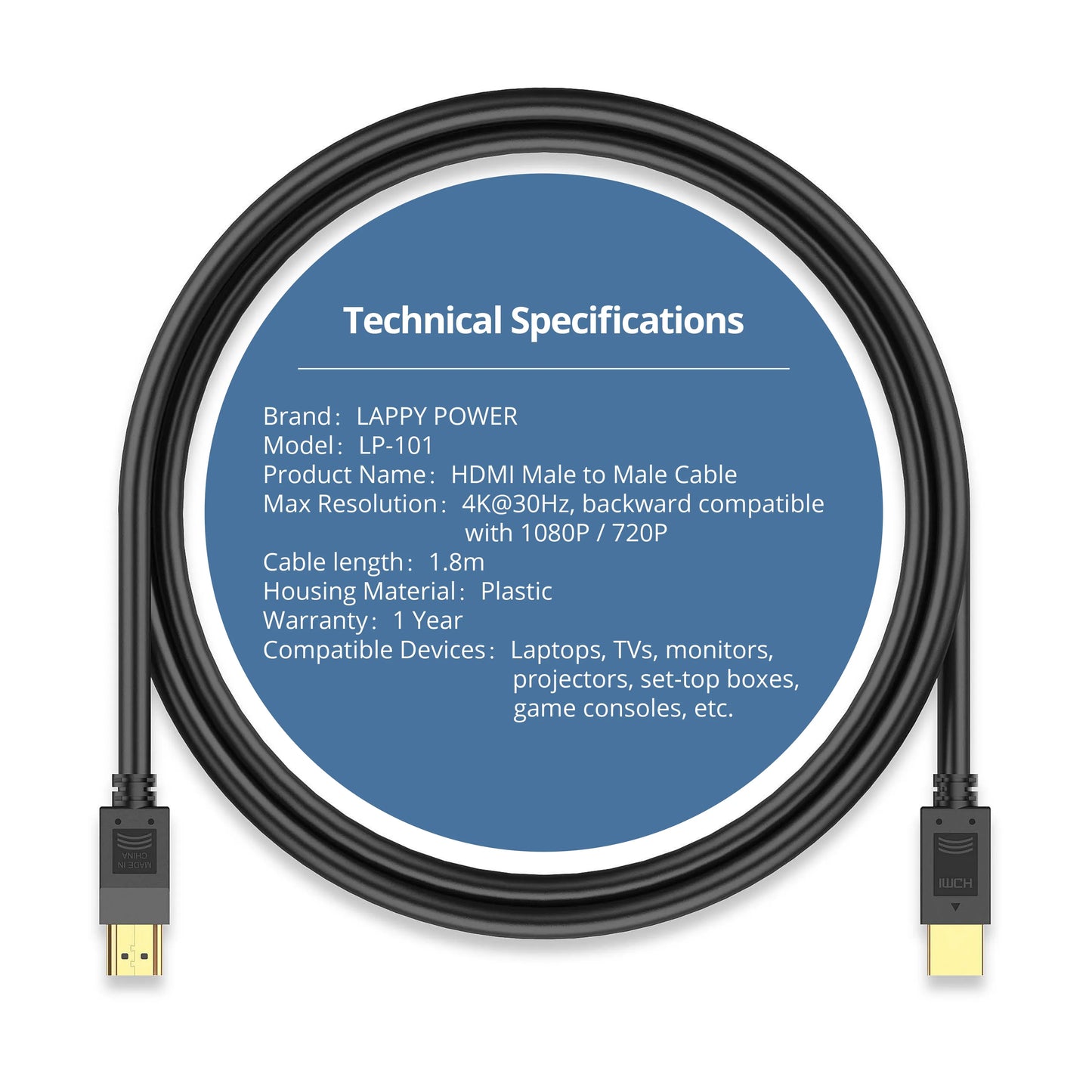 LappyPower 4K @ 30Hz HDMI Male to Male Cable (1.8m)