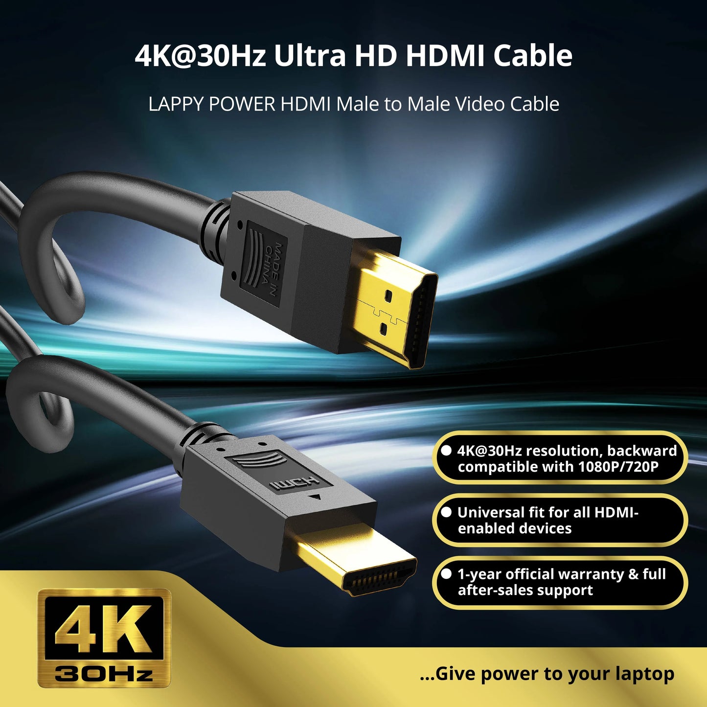 LappyPower 4K @ 30Hz HDMI Male to Male Cable (1.8m)