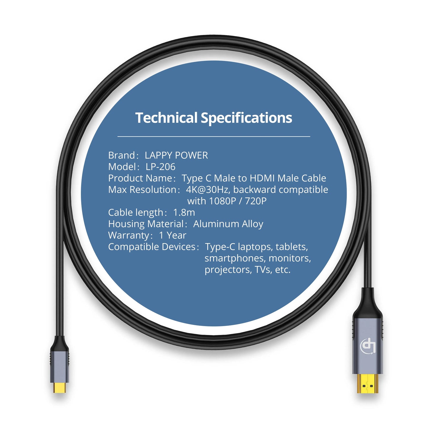 LappyPower Type-C to HDMI 4K 1.8M Adapter Cable (Male to Male, 30Hz)