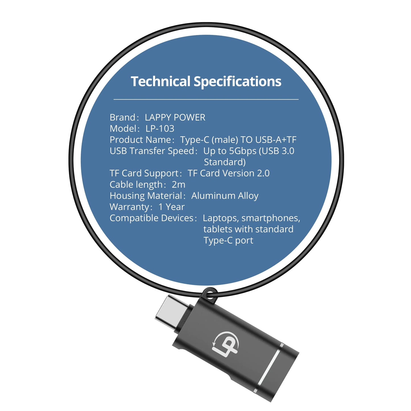 LappyPower USB-C to USB 3.0 & TF 2.0 Card Reader Adapter – 5Gbps Aluminum Hub