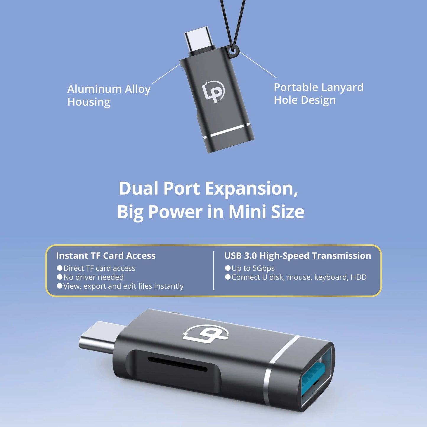 LappyPower USB-C to USB 3.0 & TF 2.0 Card Reader Adapter – 5Gbps Aluminum Hub