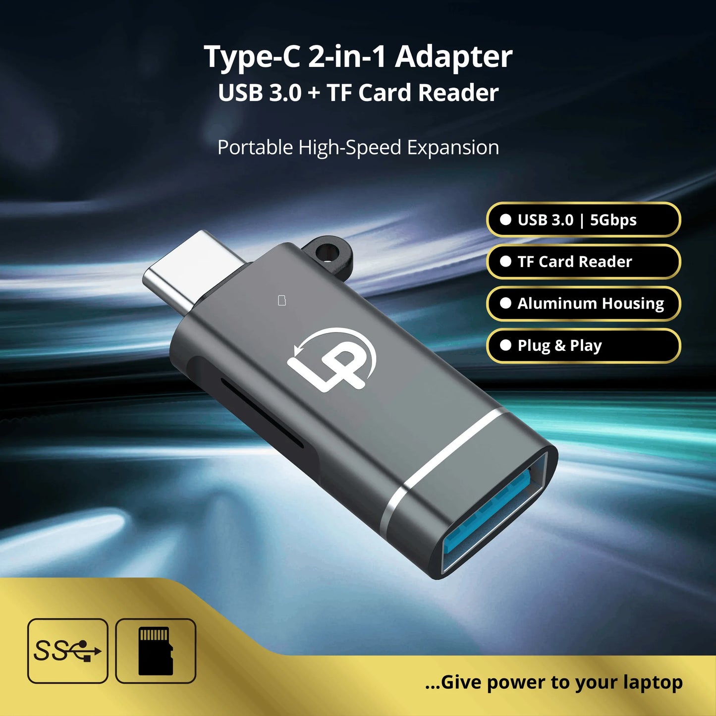 LappyPower USB-C to USB 3.0 & TF 2.0 Card Reader Adapter – 5Gbps Aluminum Hub