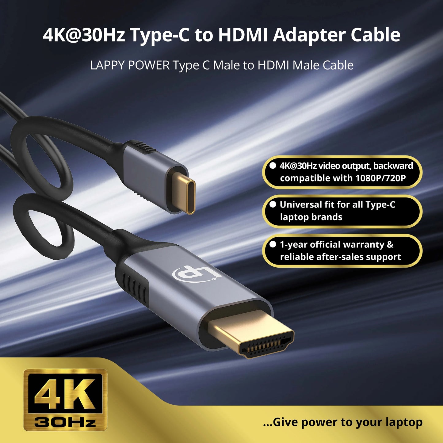 LappyPower Type-C to HDMI 4K 1.8M Adapter Cable (Male to Male, 30Hz)