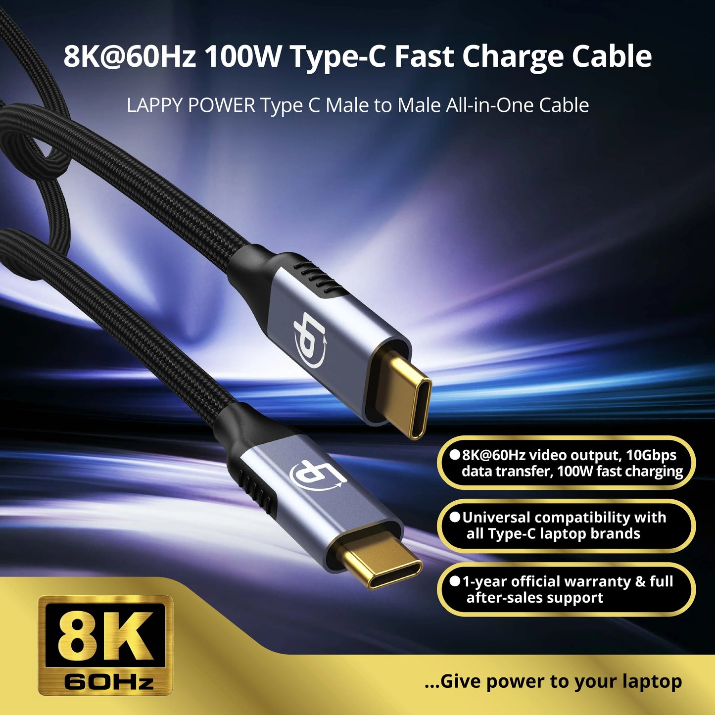 LappyPower 8K USB-C to USB-C Cable (1.8m, 100W Charging, 10Gbps)