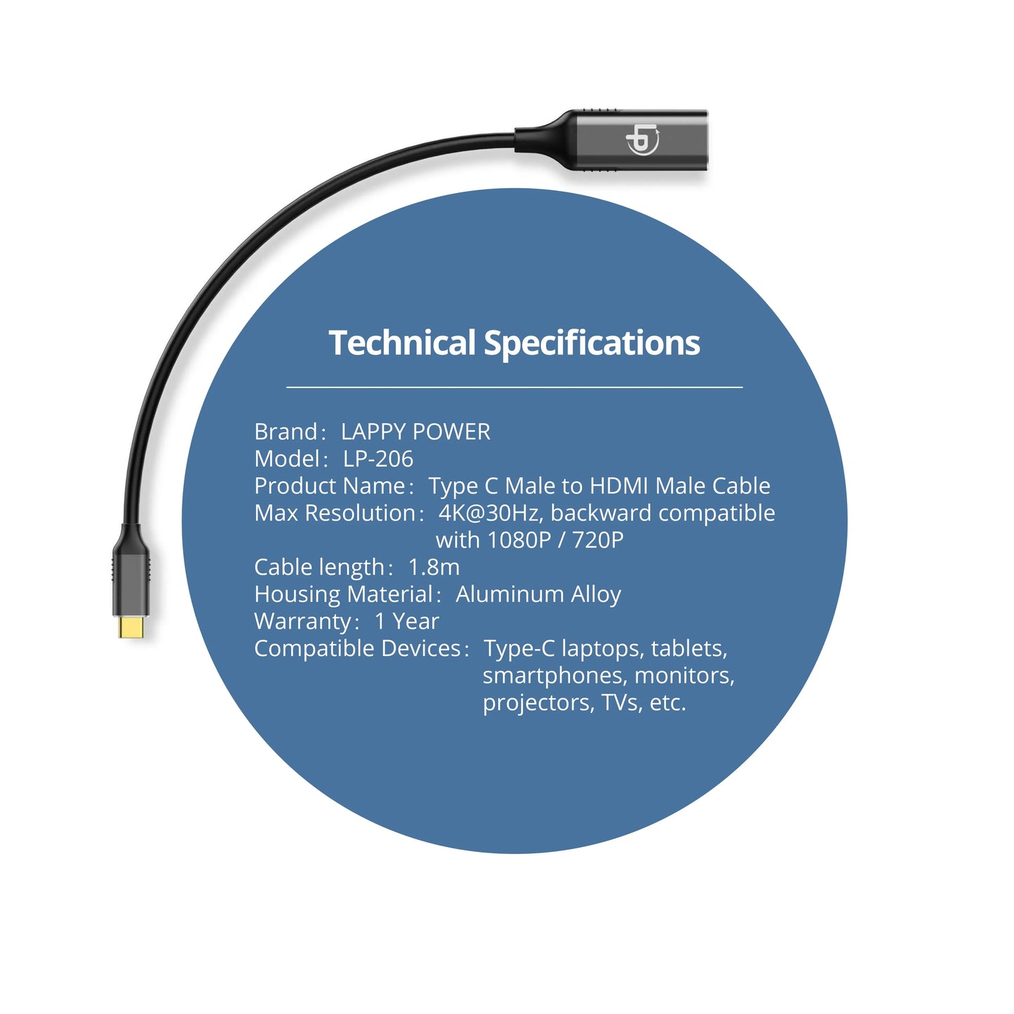 LappyPower USB-C Male to HDMI Female 4K @ 60Hz Adapter Cable (0.2m)