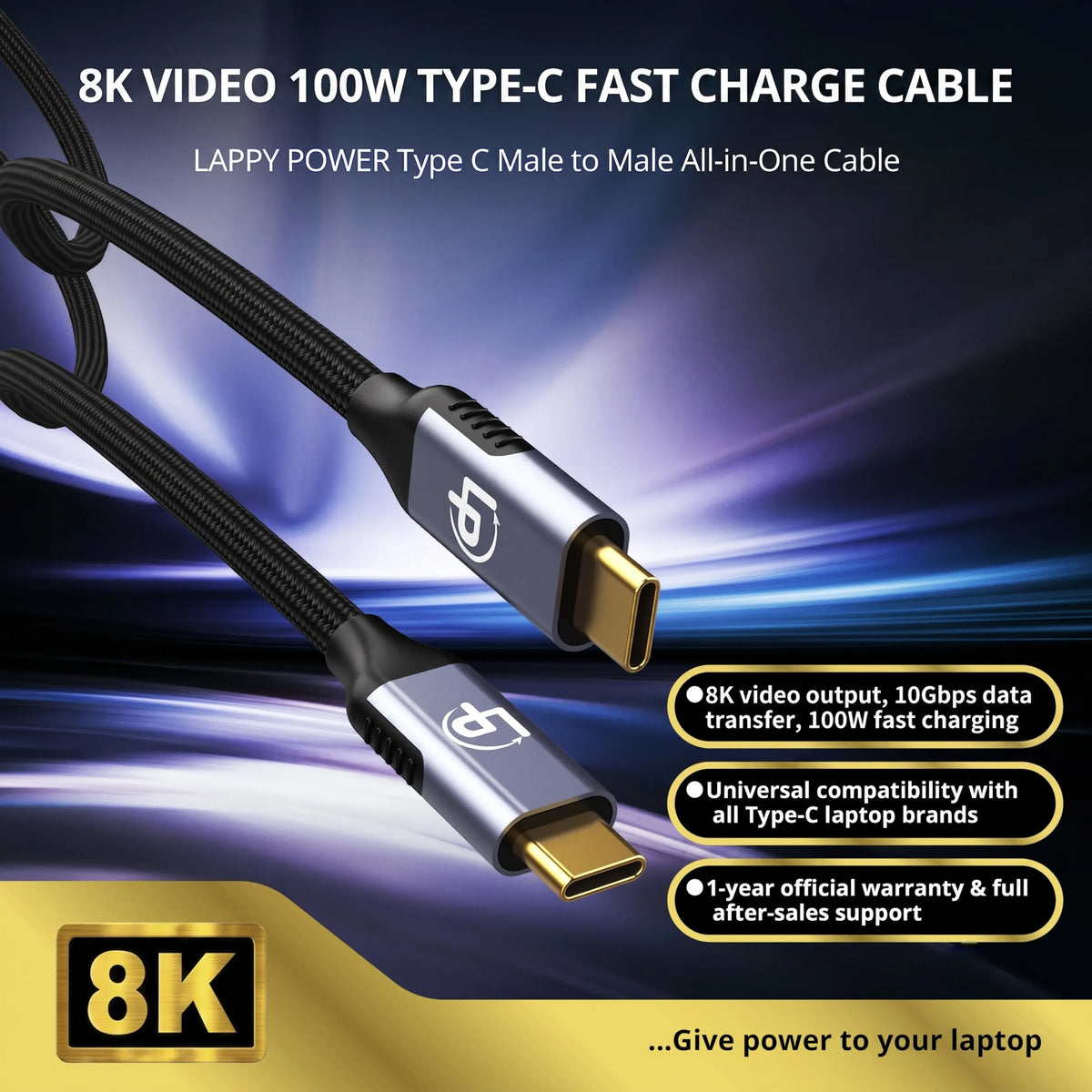 LappyPower Premium 8K USB-C to USB-C Cable (1.8m, 100W Charging, 10Gbps)