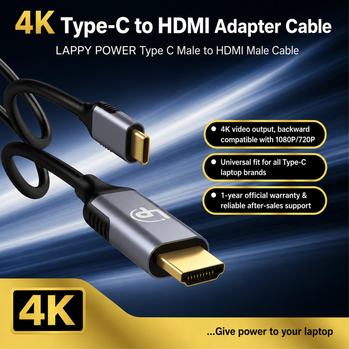 LappyPower Premium Type-C to HDMI 4K 1.8M Adapter Cable (Male to Male)